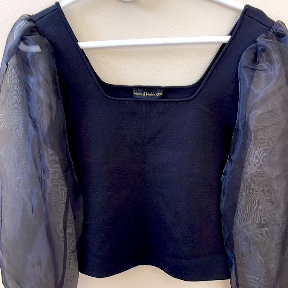 House of Harlow 1960 Square Neck Sheer Puff Sleeve Knit Top, Sz S - Picture 2 of 12